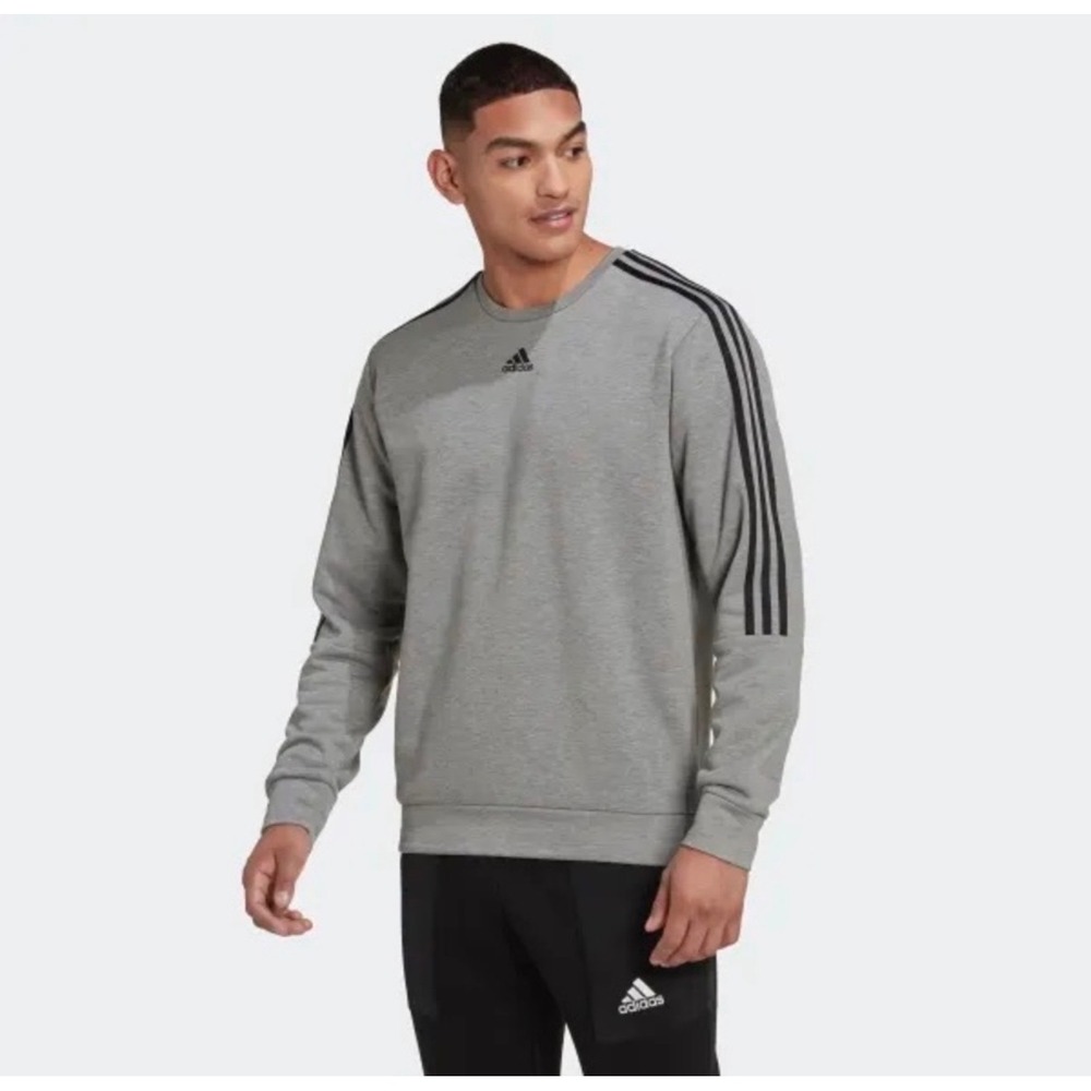 Adidas Mens Essentials 3-Stripes Crewneck Sweatshirt Grey Black Size M Fleece